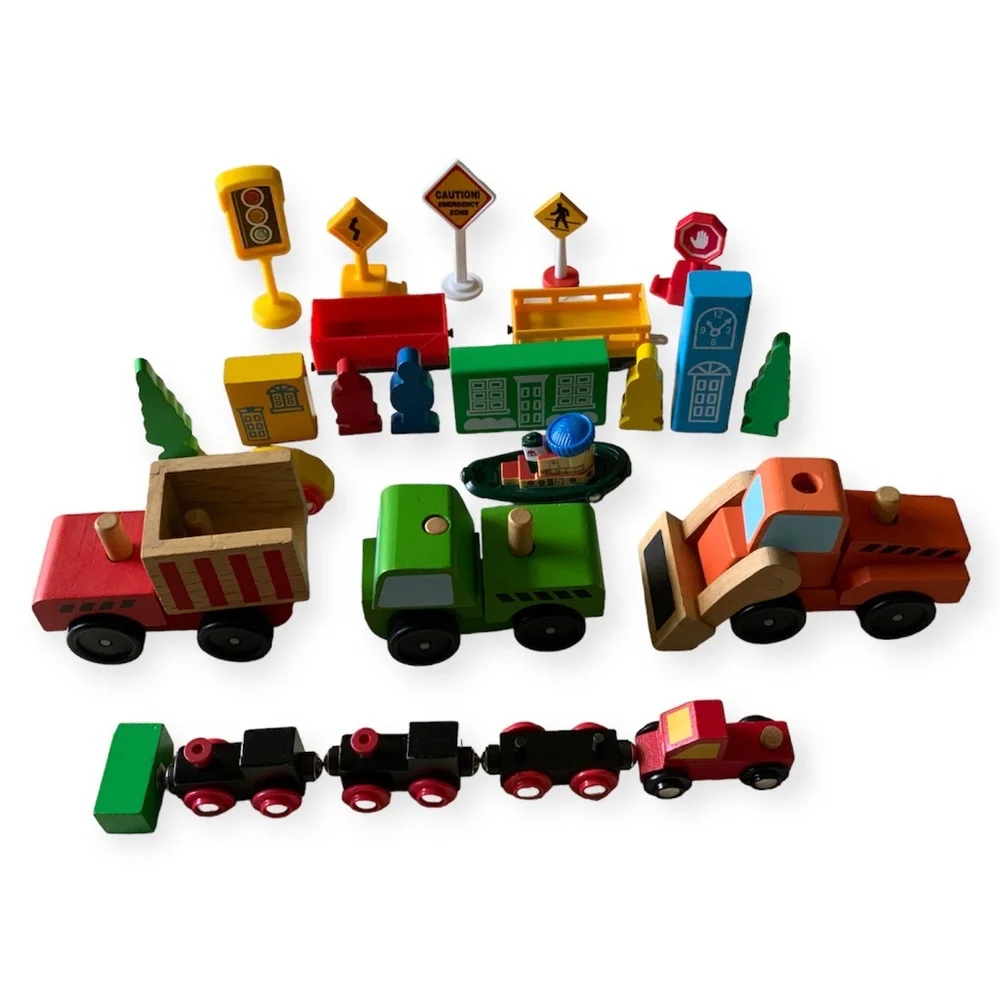 Wooden & plastic toys, cars, trains, boat set of 25 pieces